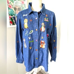The Quacker Factory‎ Medium Embroidered Denim Shirt Dogs Fido Beaded Rhinestone